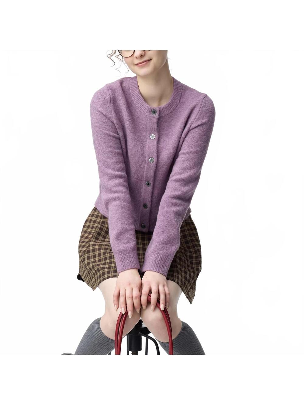 Uniqlo GU Puffy Touch Knit Crew Neck Cardigan NWT Purple Medium
